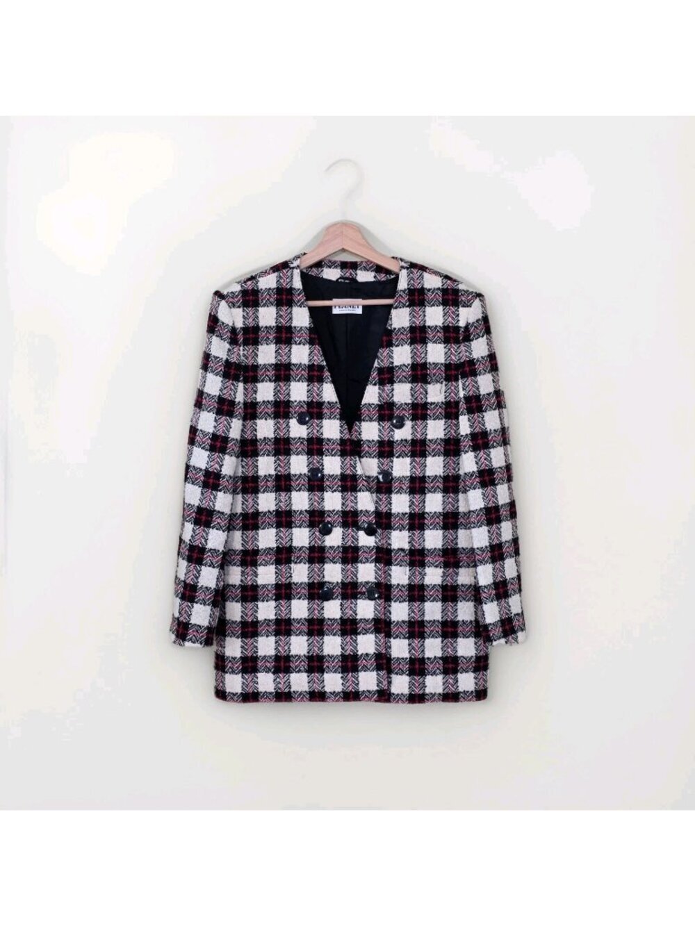 Vtg 80s Planet Plaid Blaizer US 8 Wool Blend Lined DB Colarless England Academia